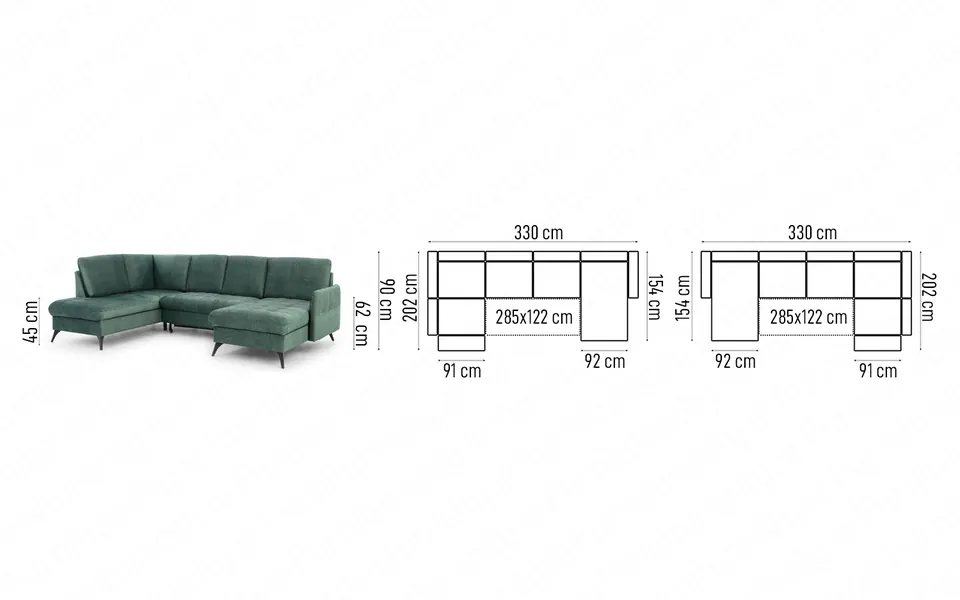 LORI U-shape L dimensions drawing